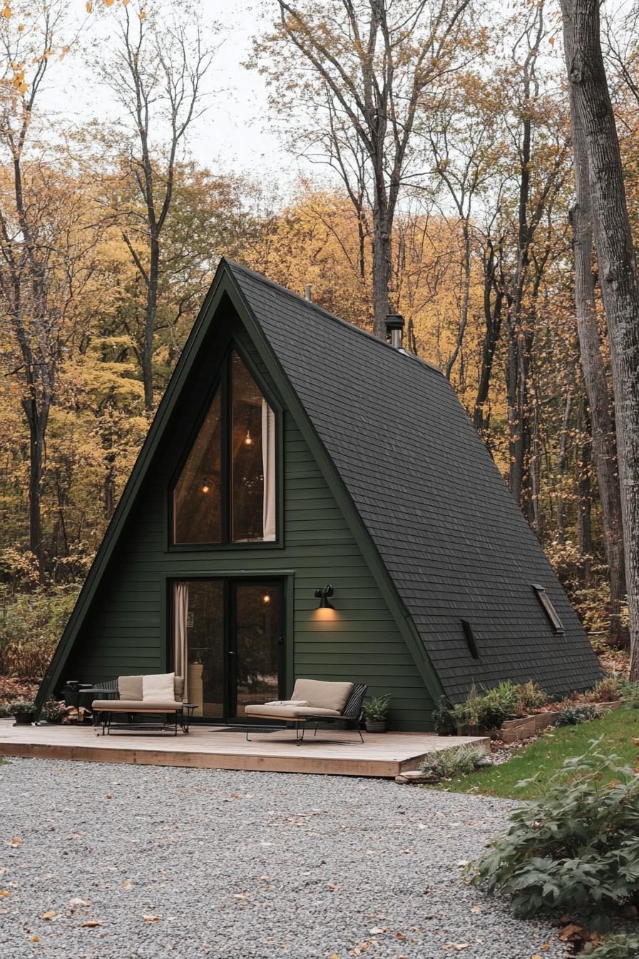 modern dark green a frame cabin with large eaves in natural wood eaves provide cover for a small seating area yard in fine gravel forest in the 2
