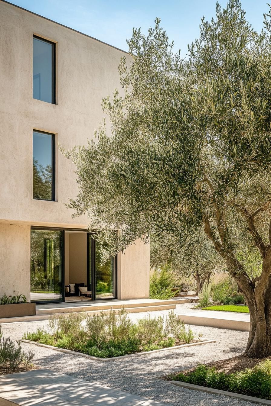 modern French mediterranean house inner courtyard garden with olive trees 3