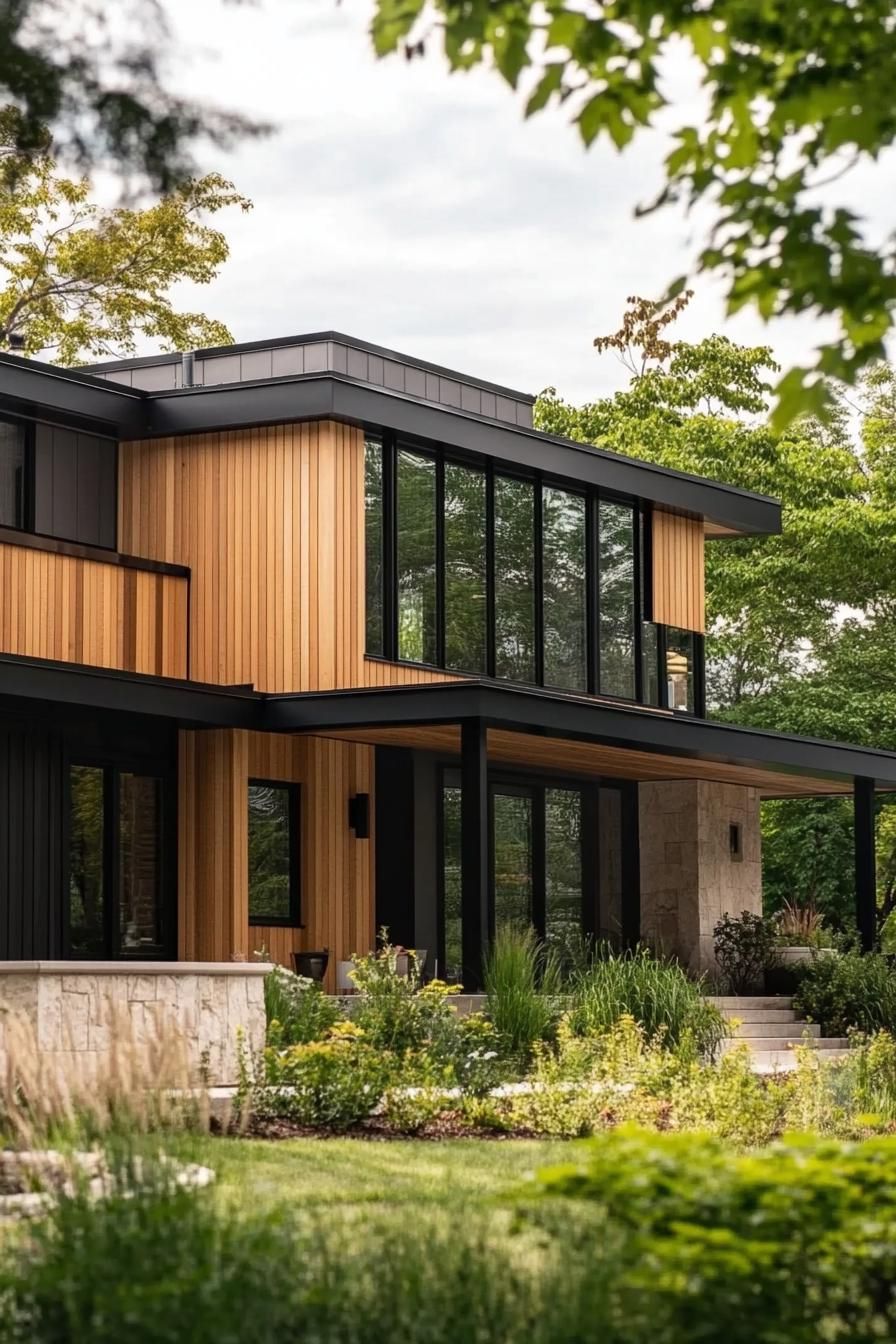 modern house with vertical cedar shiplap exterior and black trim