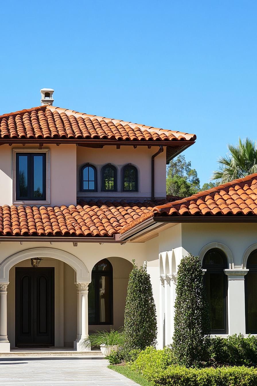 mediterranean revival architecture house facade with red barrel roof tiles with decorative finials 2