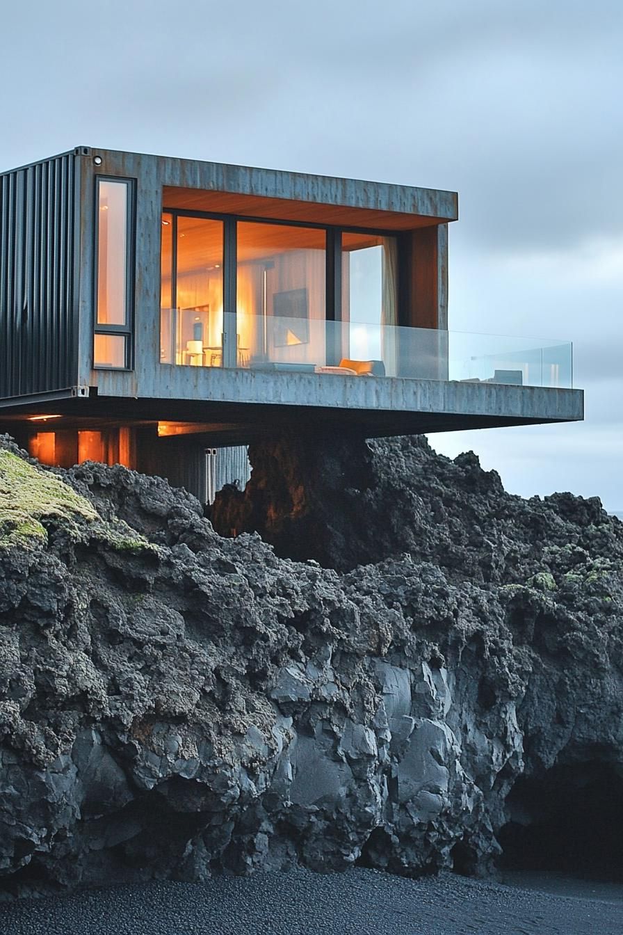 modern multi level shipping container house built into cliff rock overlooking a black volcanic island shore 3