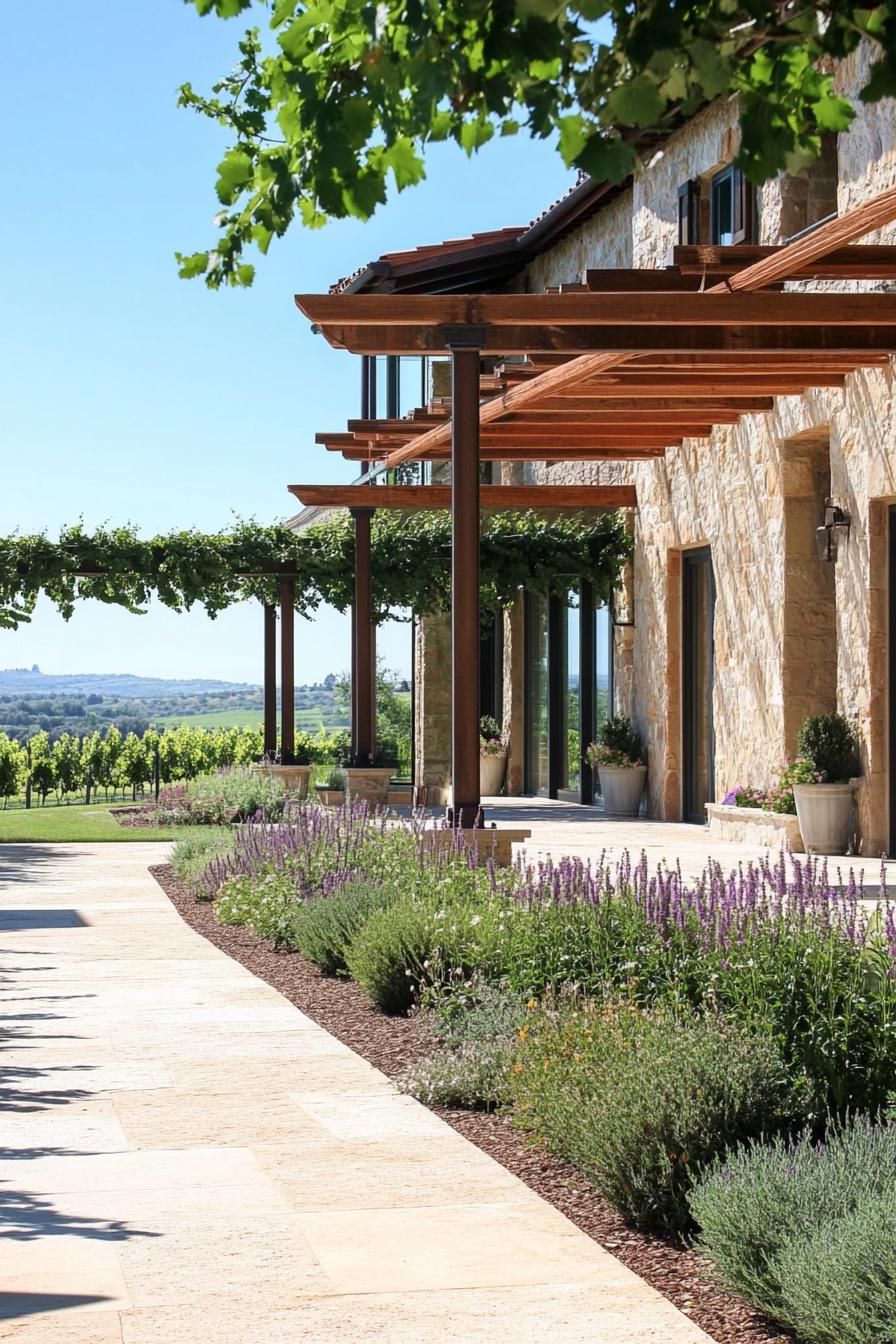modern Tuscan vineyard estate with pergola
