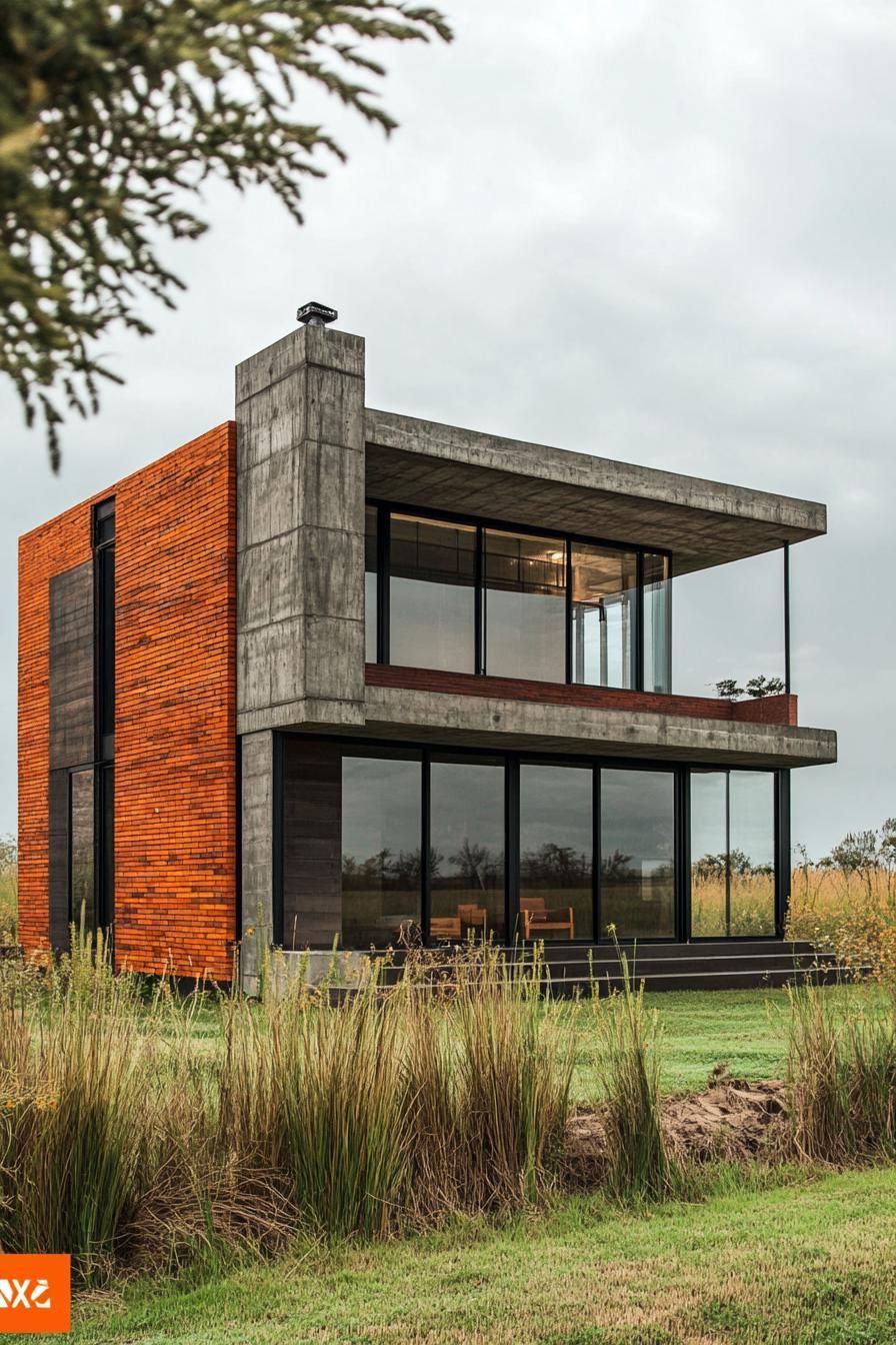 modern industrial home concrete and brick facade in picturesque fields 2