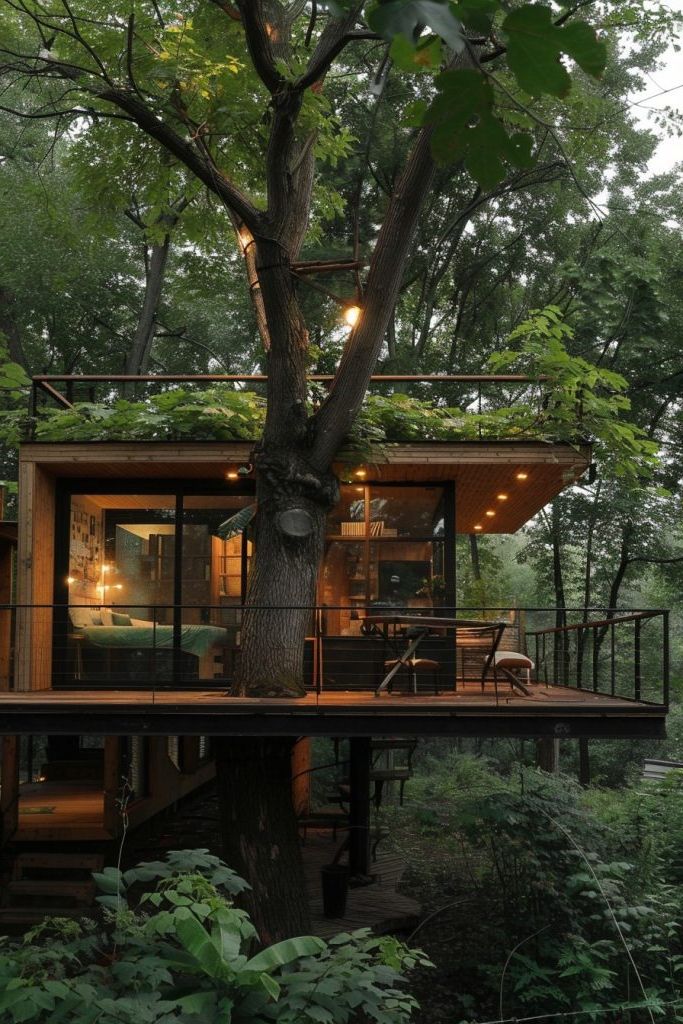 cabin terrace with a tree