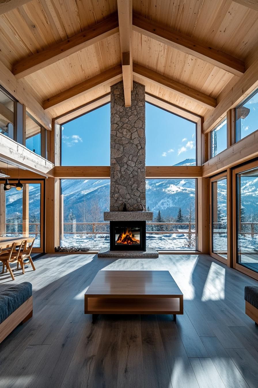 Modern Timber Frame Home With a Central Stone Fireplace and Open plan Design stunning winter mountain view through the windows 3