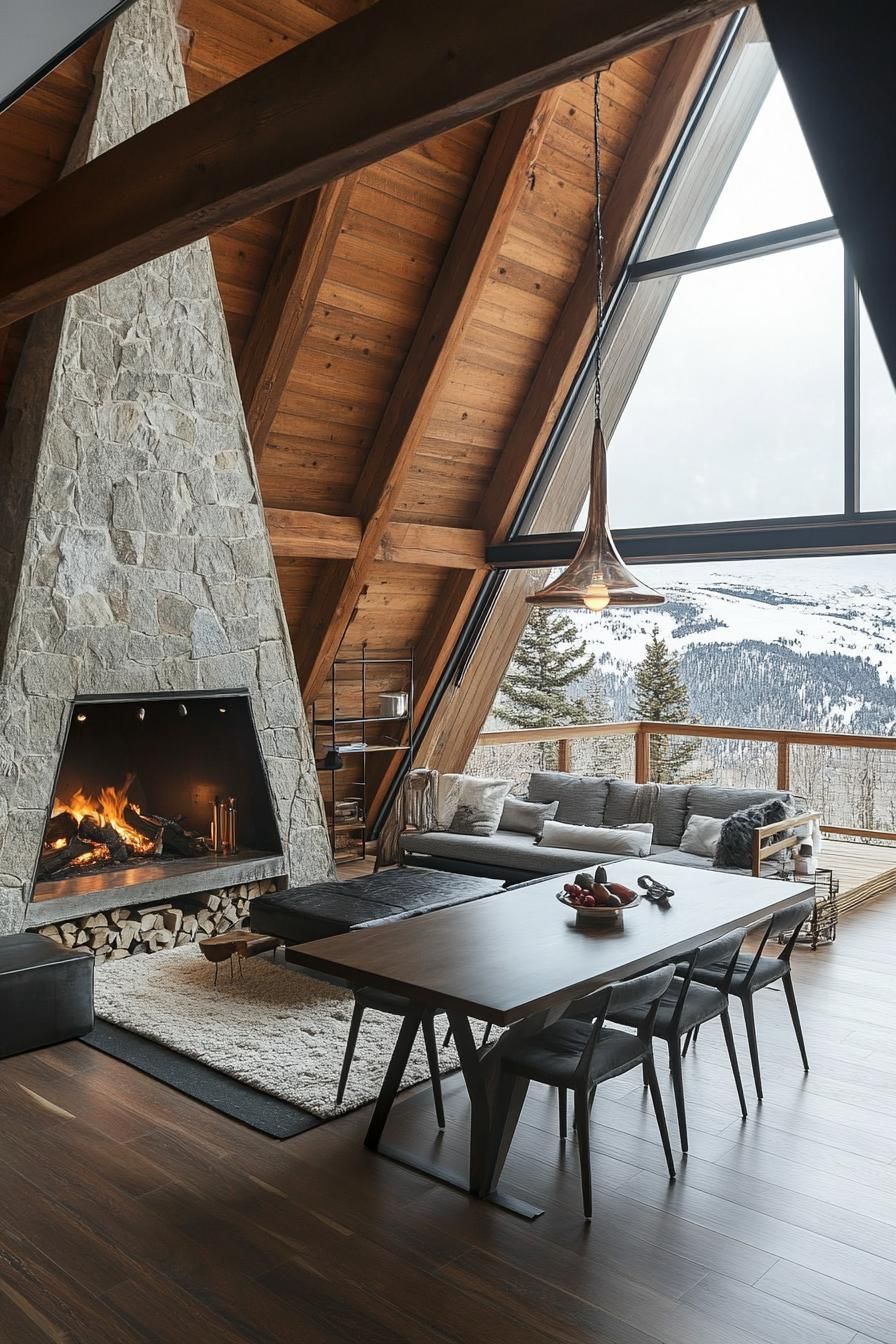 A frame modern mountain house with indoor and outdoor stone fireplace stunning snowy mountain views 3