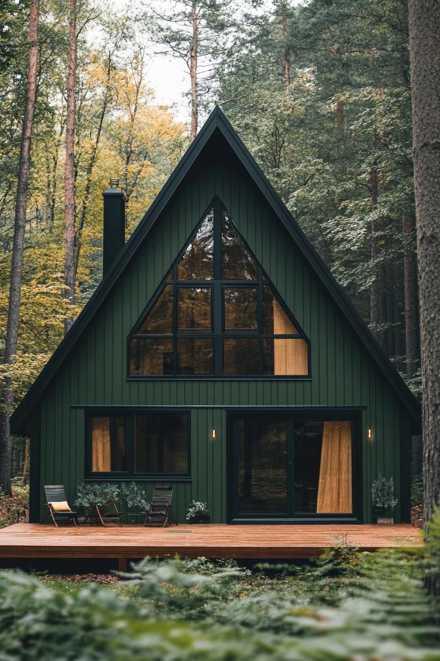modern a frame cabin in deep dark green board and batten siding black roof natural wood front deck full wall glass windows and doors forest 3