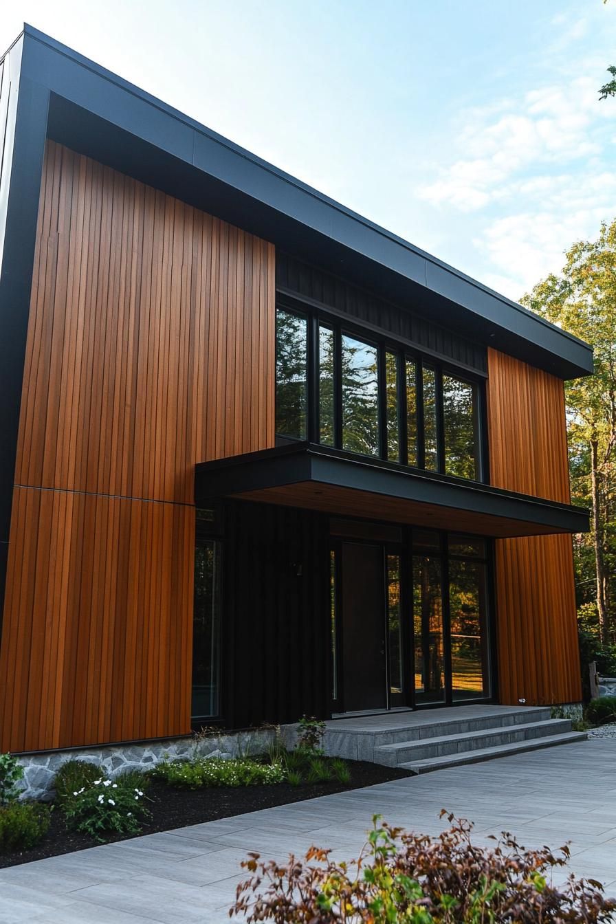 modern timber frame house facade with vertical cedar cladding and sleek black metal accents 2