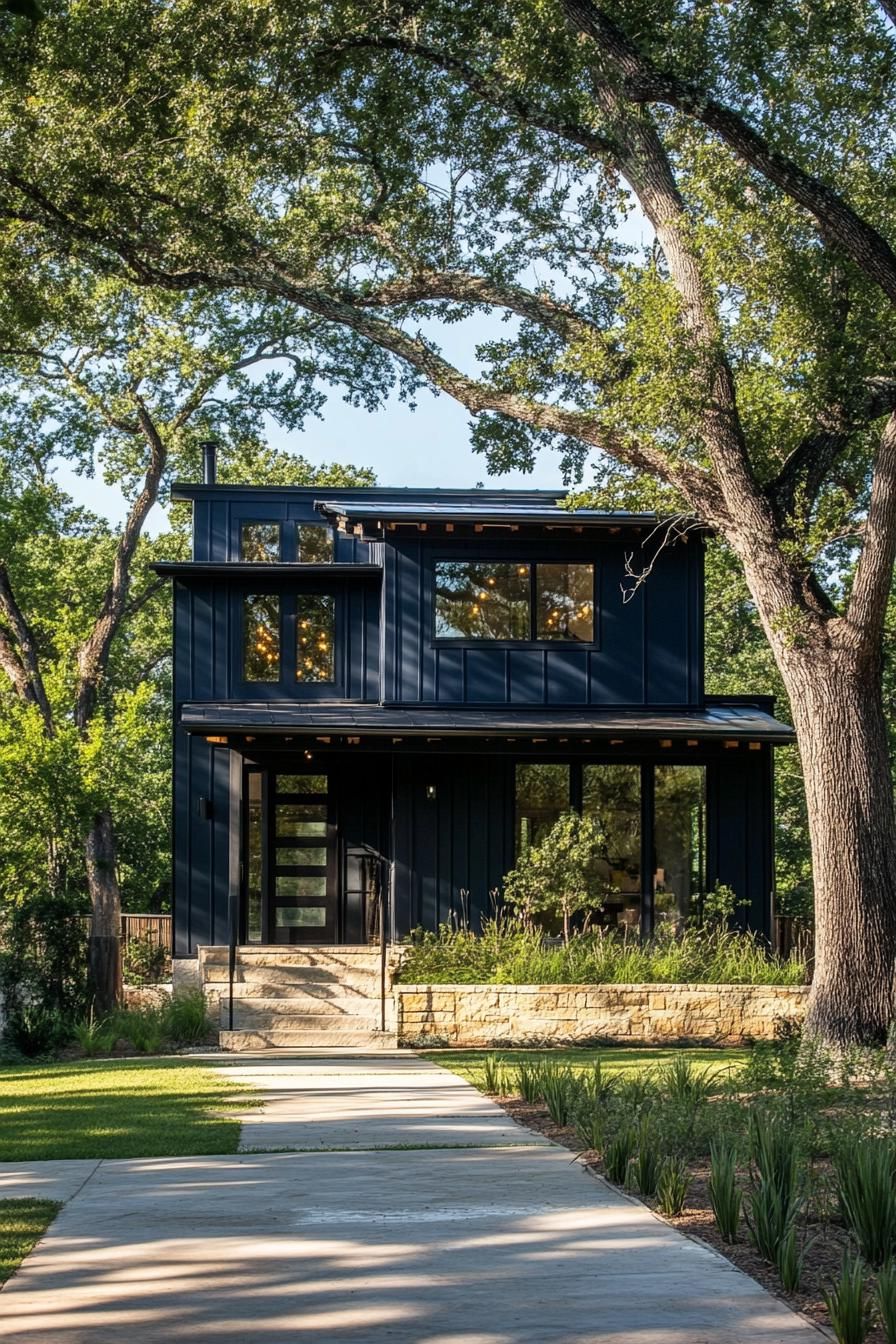 modern barndominium house deep navy blue facade with wrough iron ligh fixtures landscape with lush trees