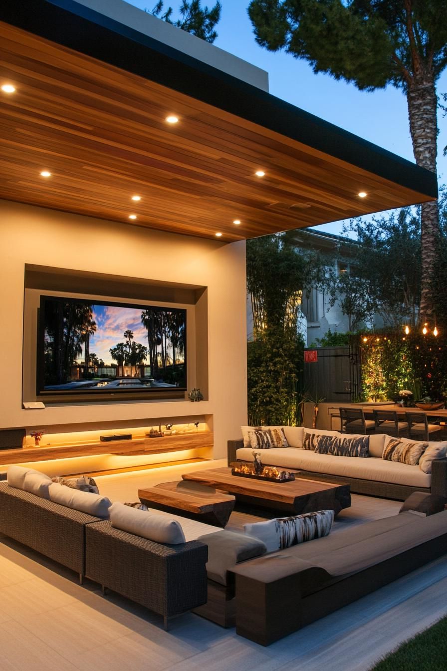 modern suburban mansion outdoor seating with large TV