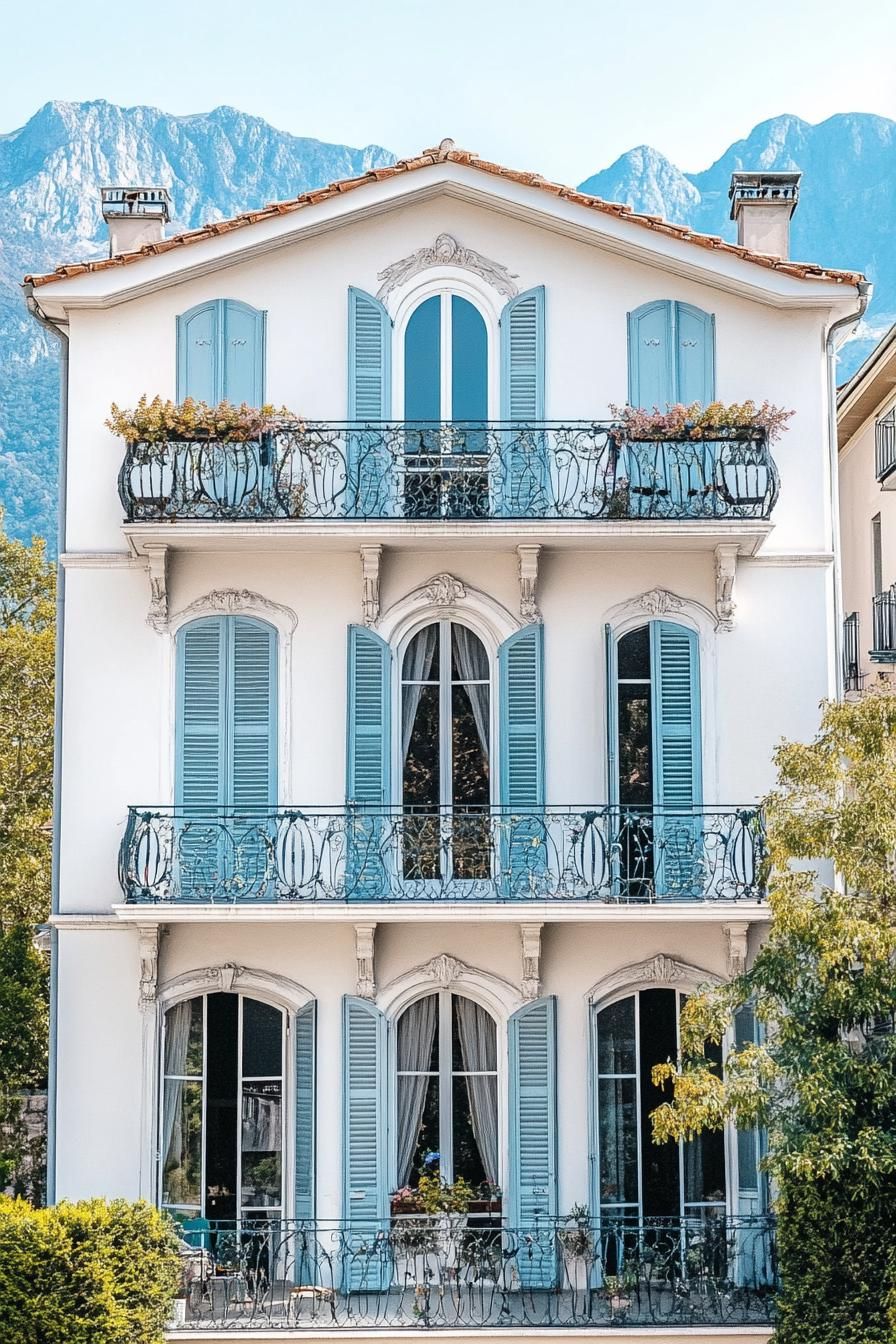 modern French mediterranean house facade with iron balconies the Alps in the background