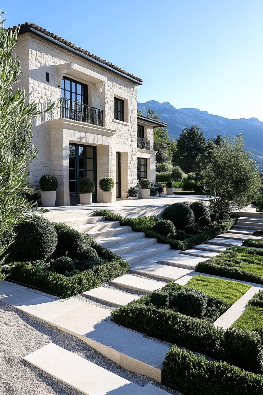 modern French country house limestone facade geometric garden paths French riviera garden 2