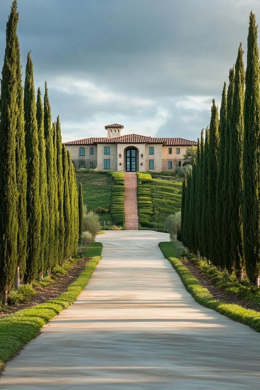 cypress lined driveway leading to a hilltop Tuscan modern manor