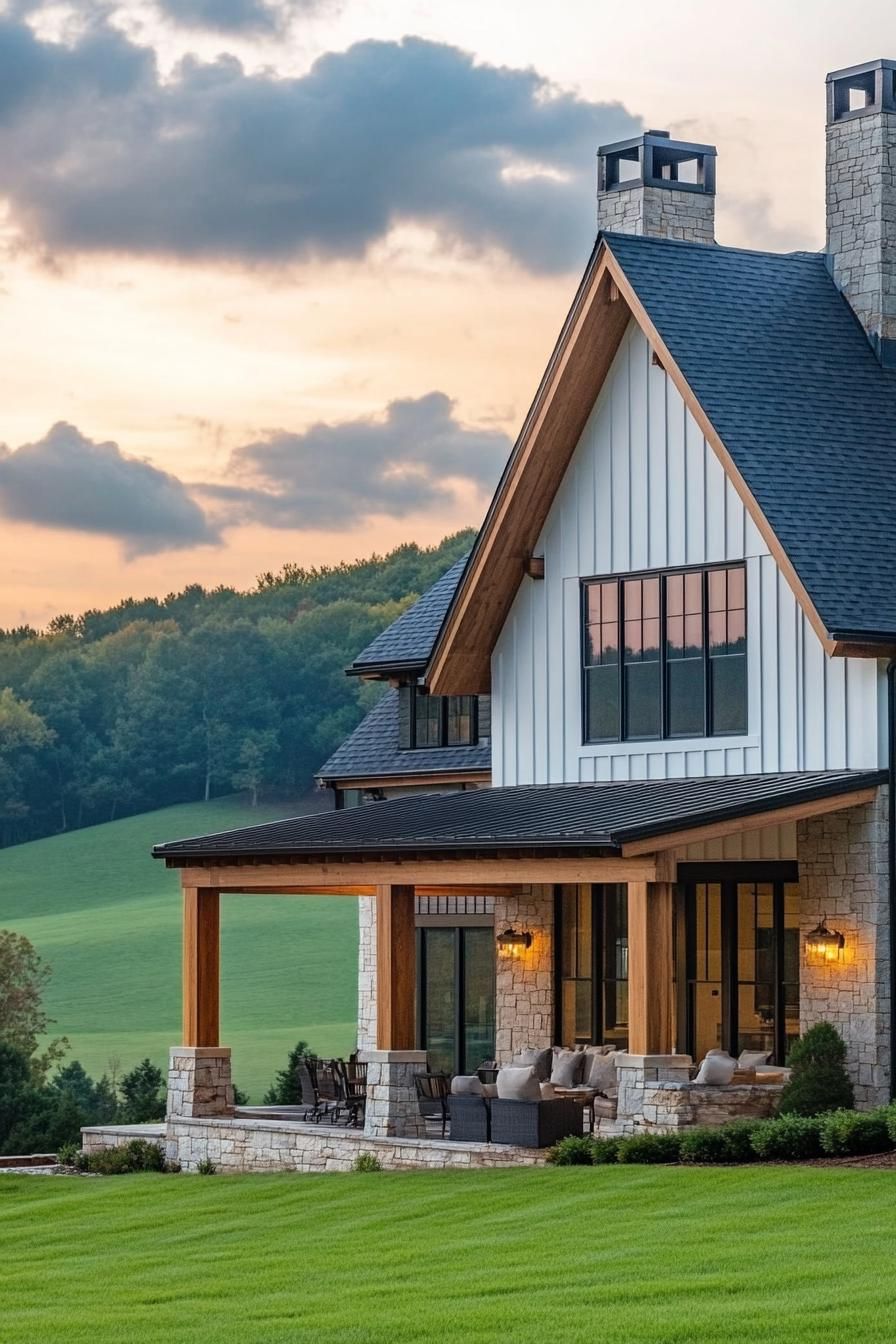 modern farmhouse L shaped house facade with wraparaound porch with wooden beams beautiful green hill scenery 2
