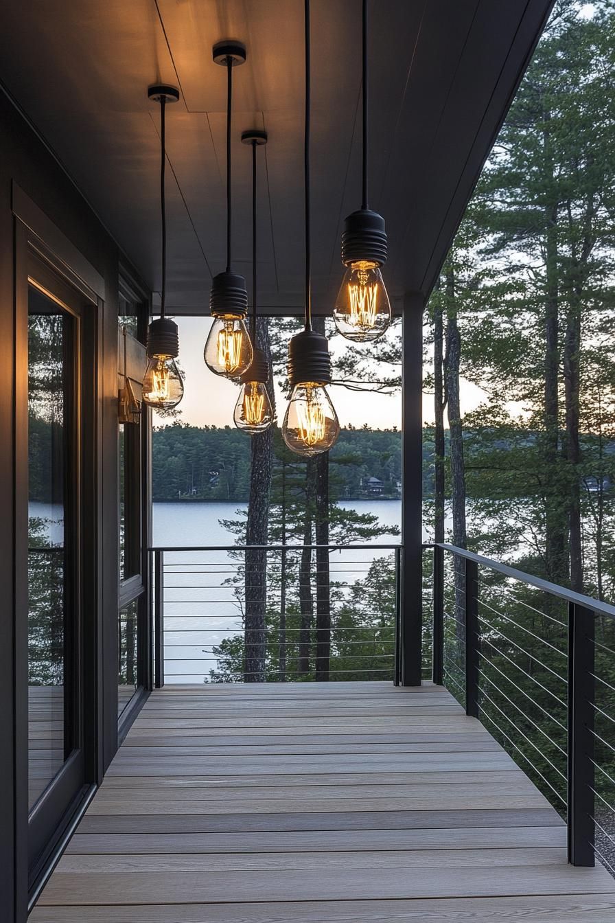 modern industrial house porch with edison lightbulb pendants visible beautiful lake view