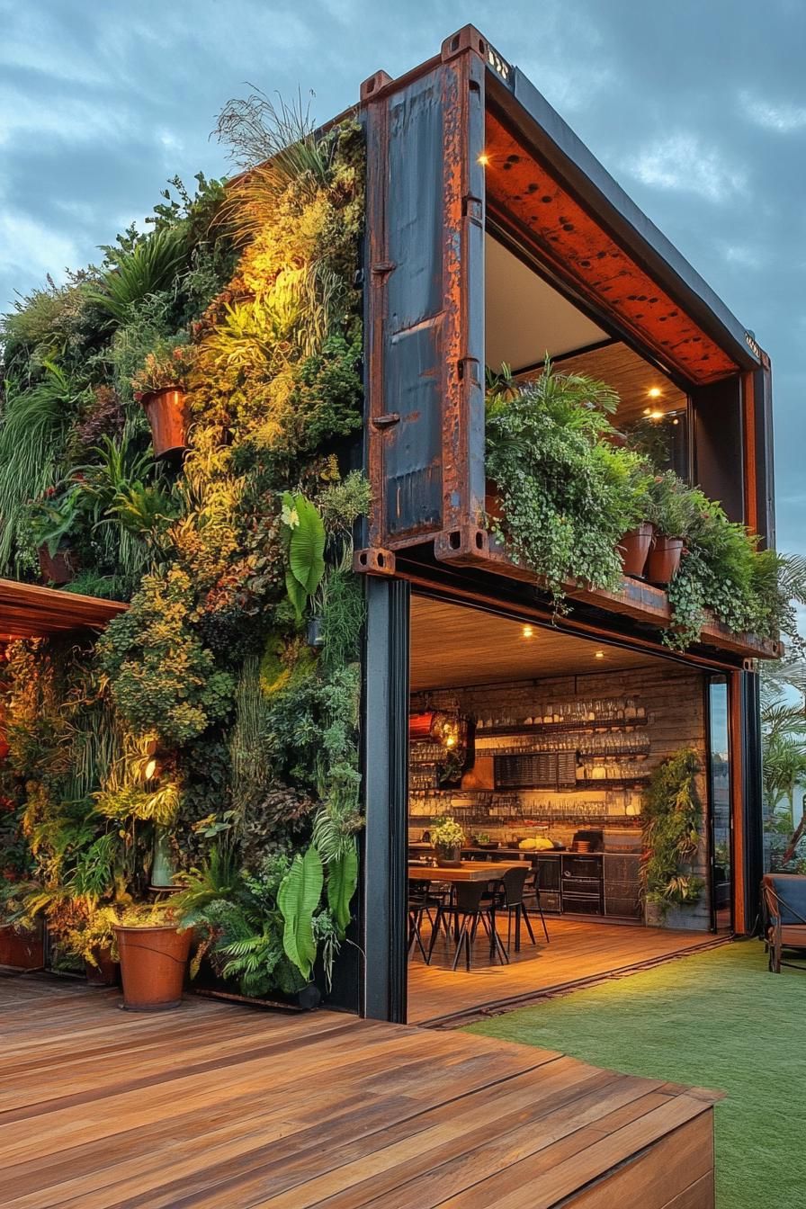 upcycled shipping container house with vertical garden