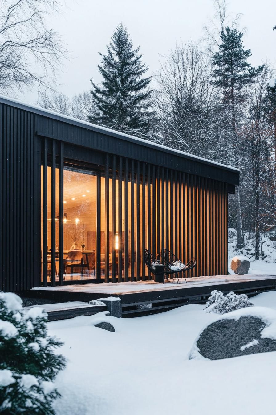mid century modern black house aluminum facade with vertcal slats Scandinavian winter