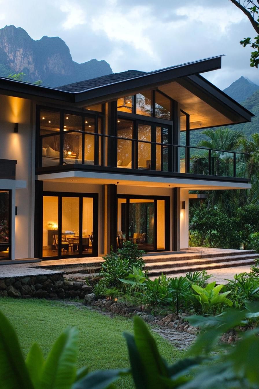 modern zen style home with large windows and panoramic tropical mountain views