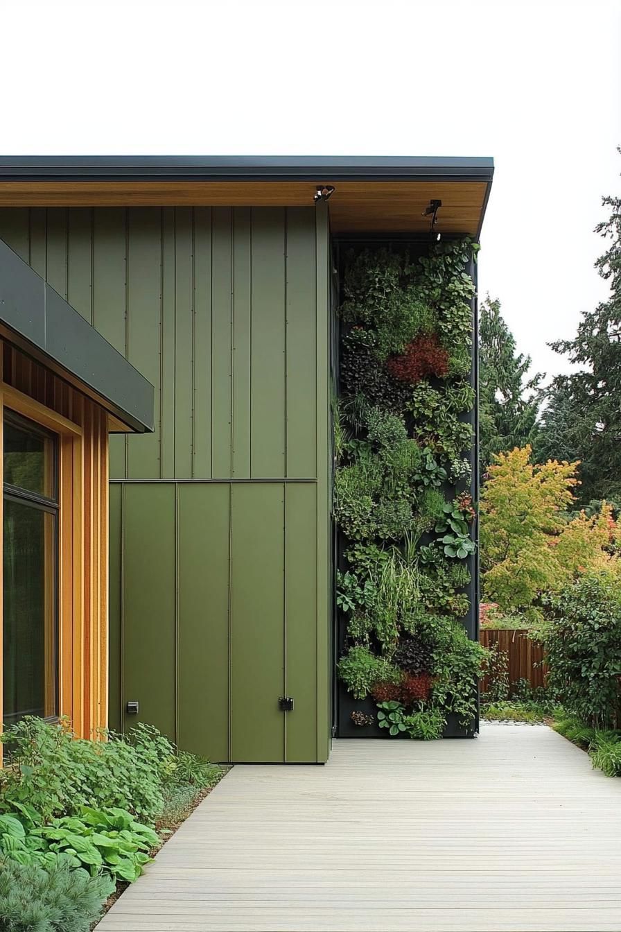 modern sage green cladded house courtyard with vertical herb garden 2