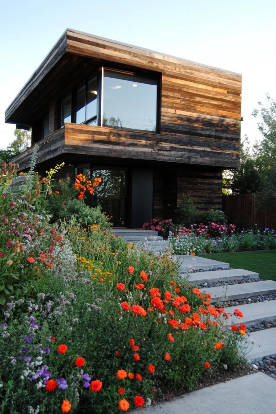 modern house with reclaimed wood cladding front yard with flower gardens 3