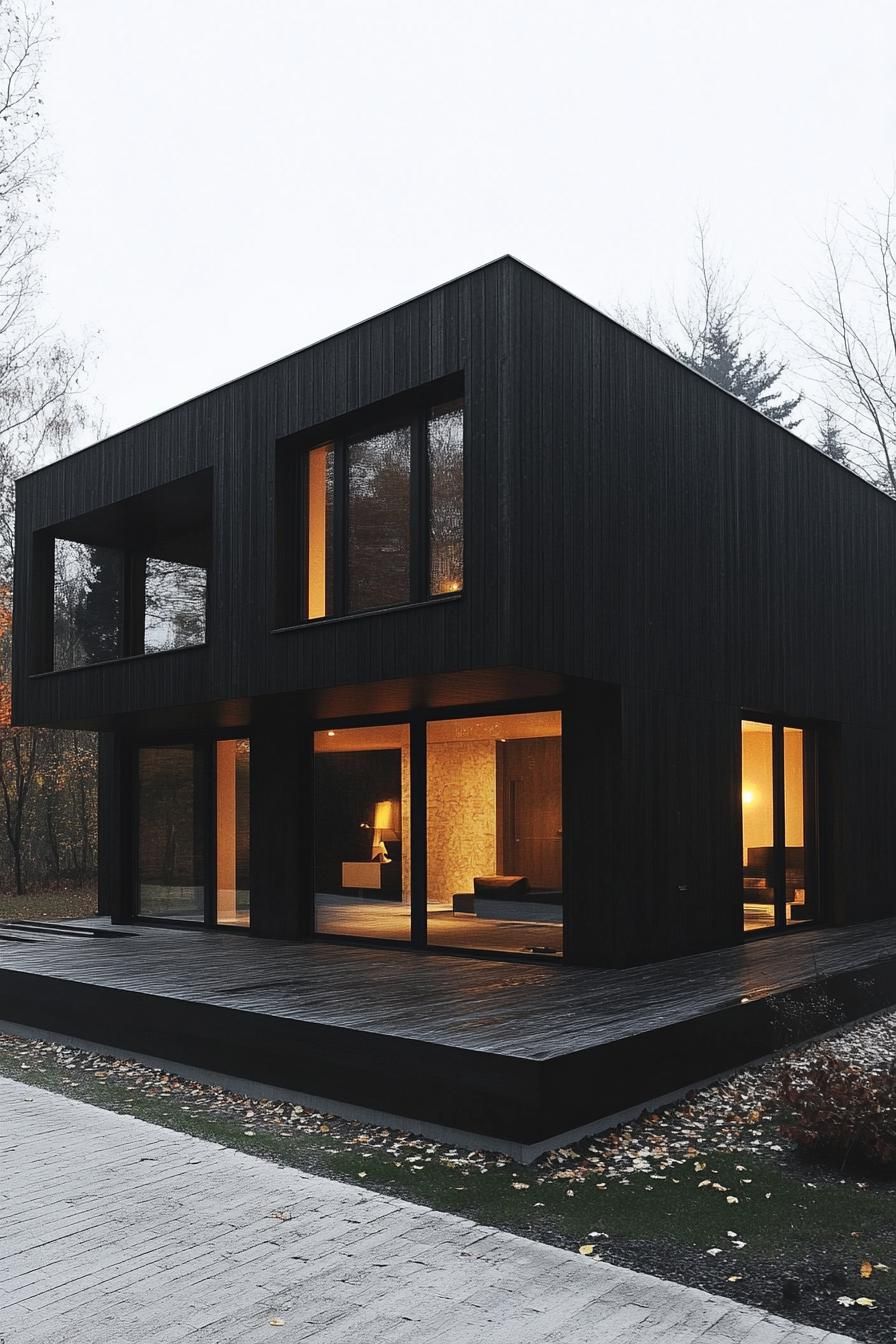 modern dark house with charred timber siding and glass accents 3