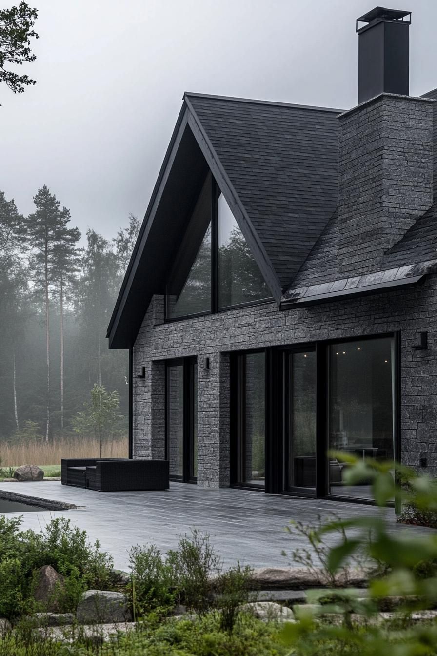 modern barndominium house grey stone facade with black trim misty Scandinavian forest views 2