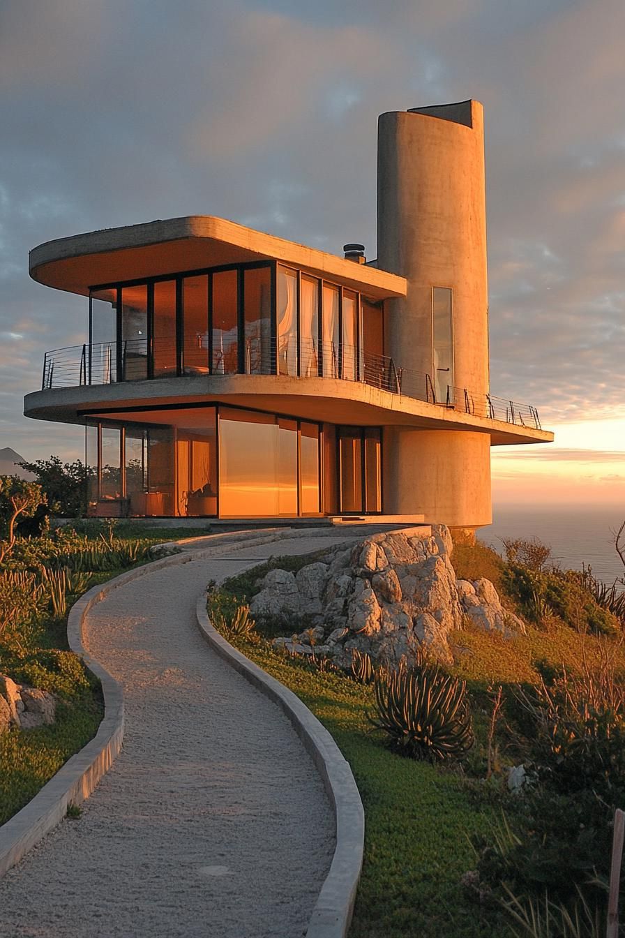 modern mountain top house with cylinder facade and 360 deck stunning ocean island views 2