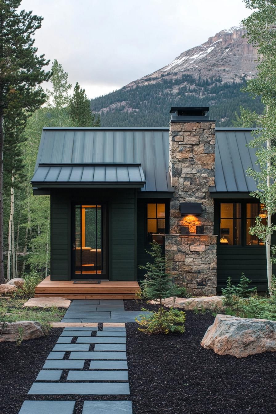 modern mountain cabin with dark stone foundation and chimney deep dark green siding sloped dark roof dark mulch yard with geometric paver pathway 3