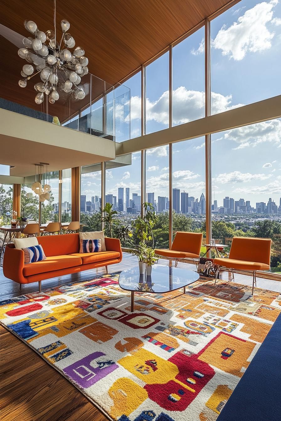 mid century modern house interior with vibrant color upholstery large windows overlook big city skyline
