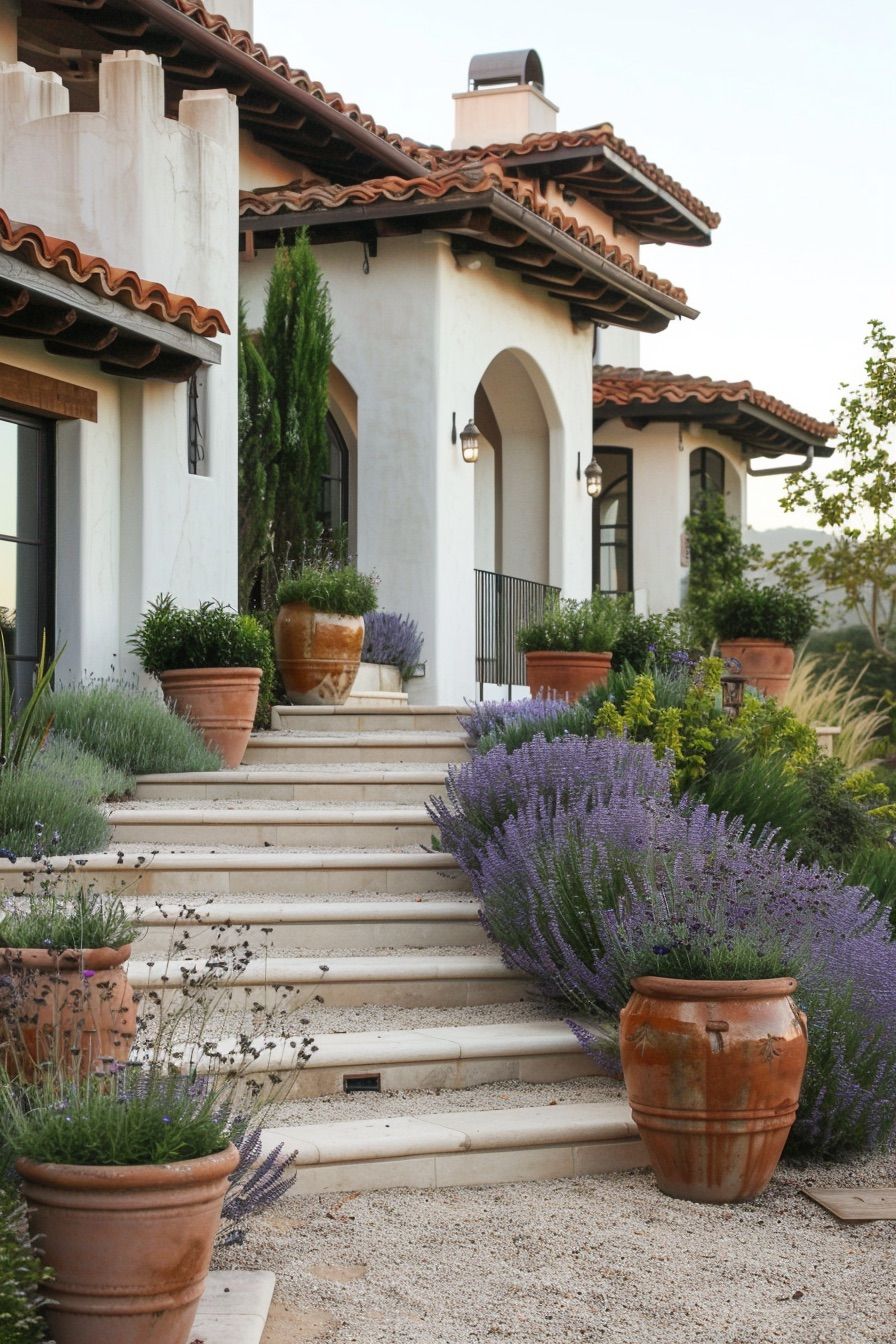 mediterranean house steps with clay pots