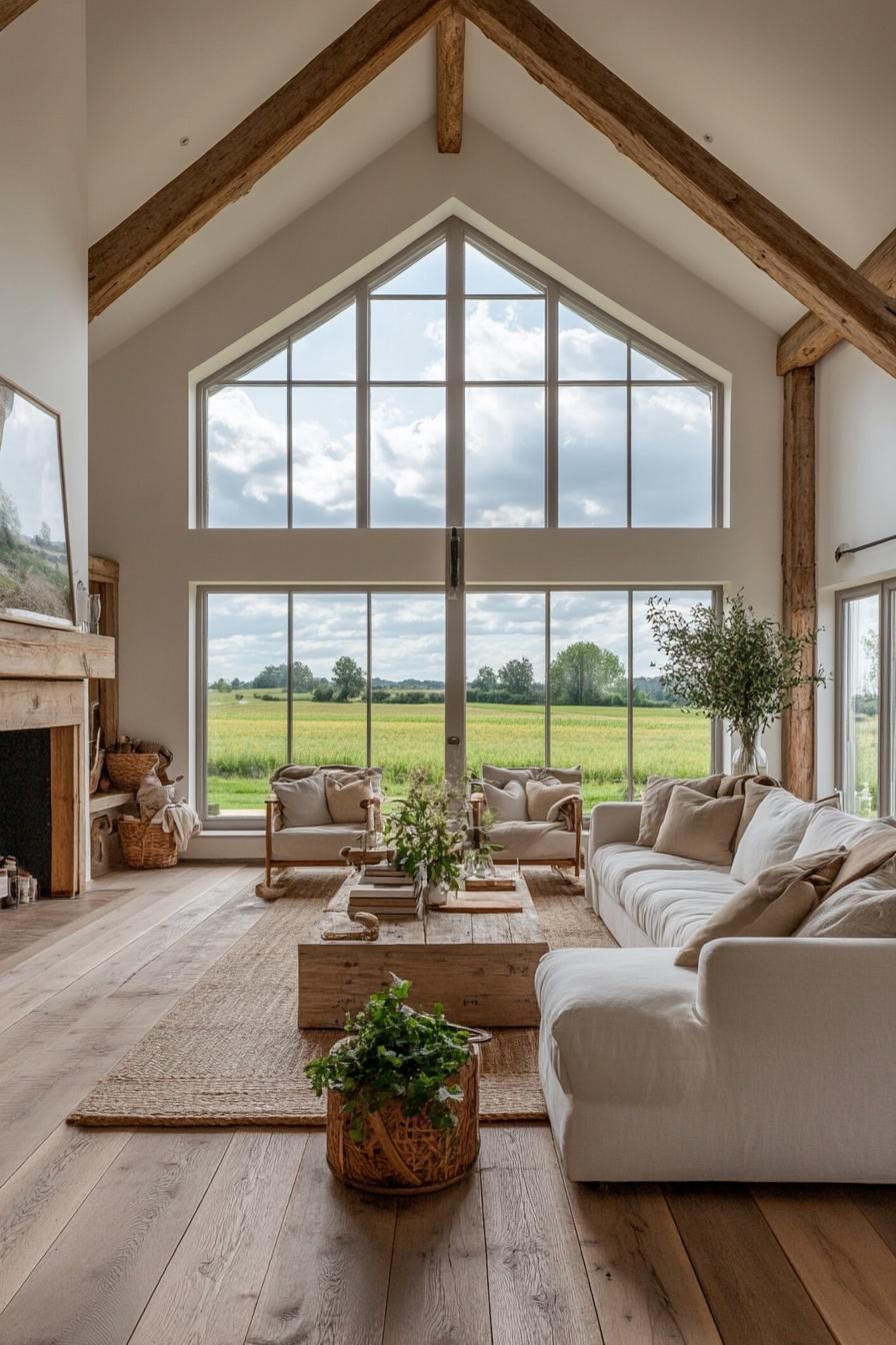 modern English cottage interior with reclaimed wood accents large windows overlooking picturesque countryside