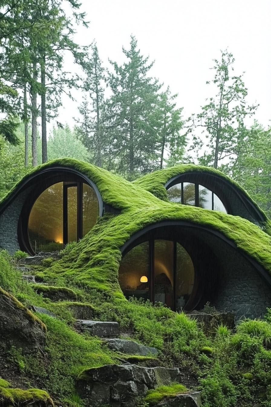 mountain forest glade with mossy hillside modern hobbit houses 2