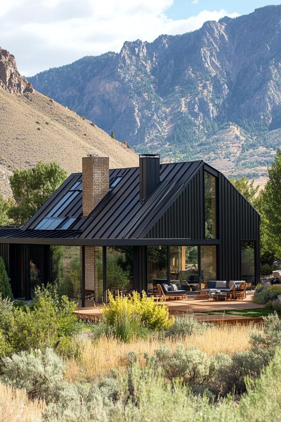 A modern house with dark metal roofing and black vertical siding is set against a backdrop of rugged mountain peaks. Large glass windows dominate the