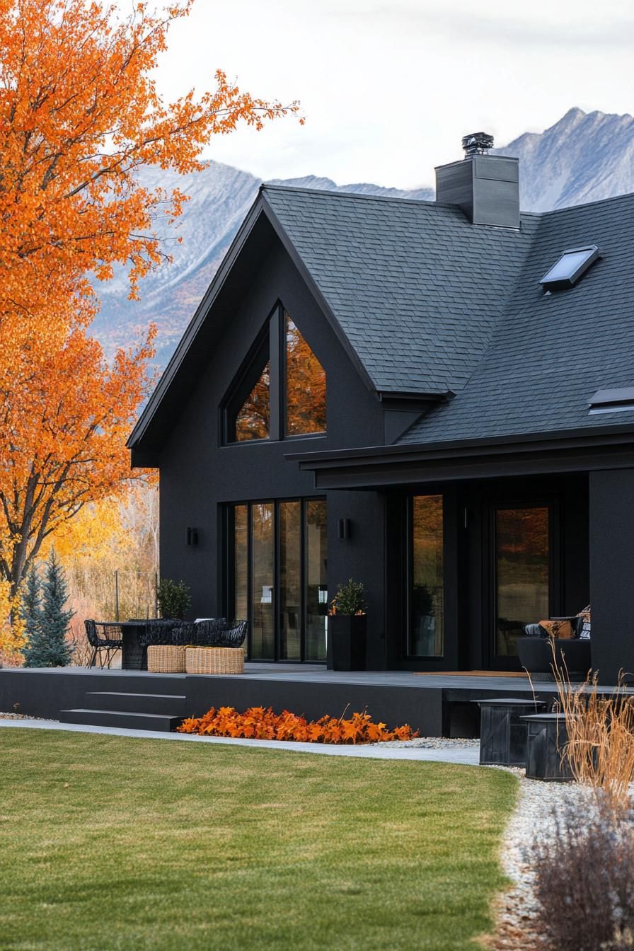 modern barndominium house black stucco facade with dark walnut porch stunning Canadian fall maple mountain views