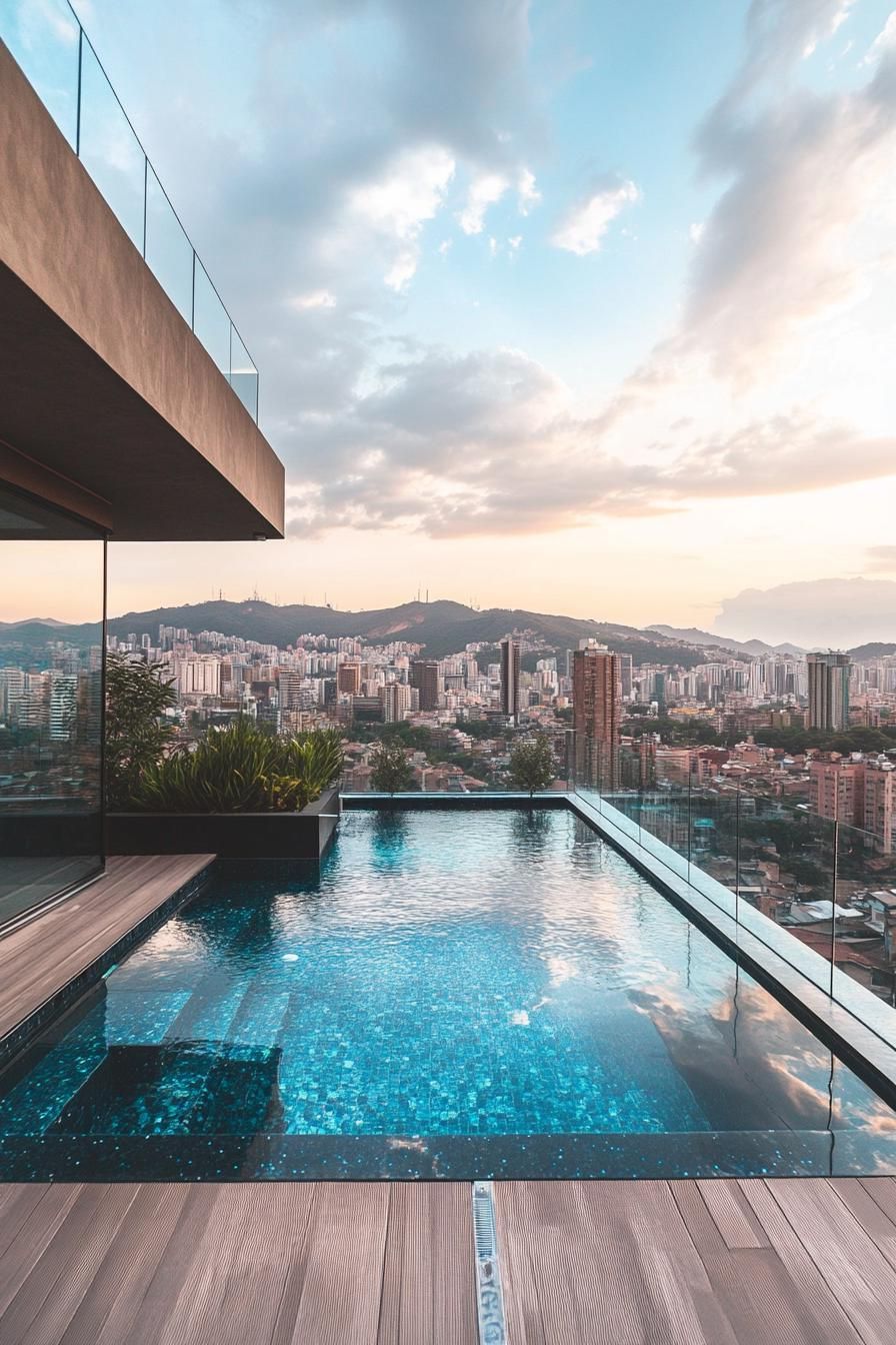 modern rooftop pool with glass railings overlooking a city