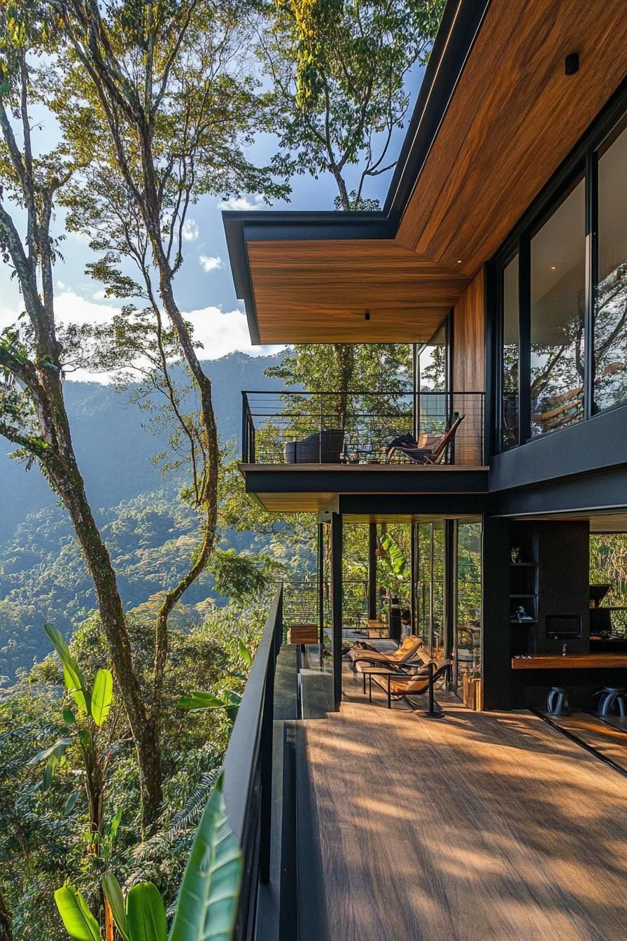 modern mountain house with black cladding with stunning tropical mountain views