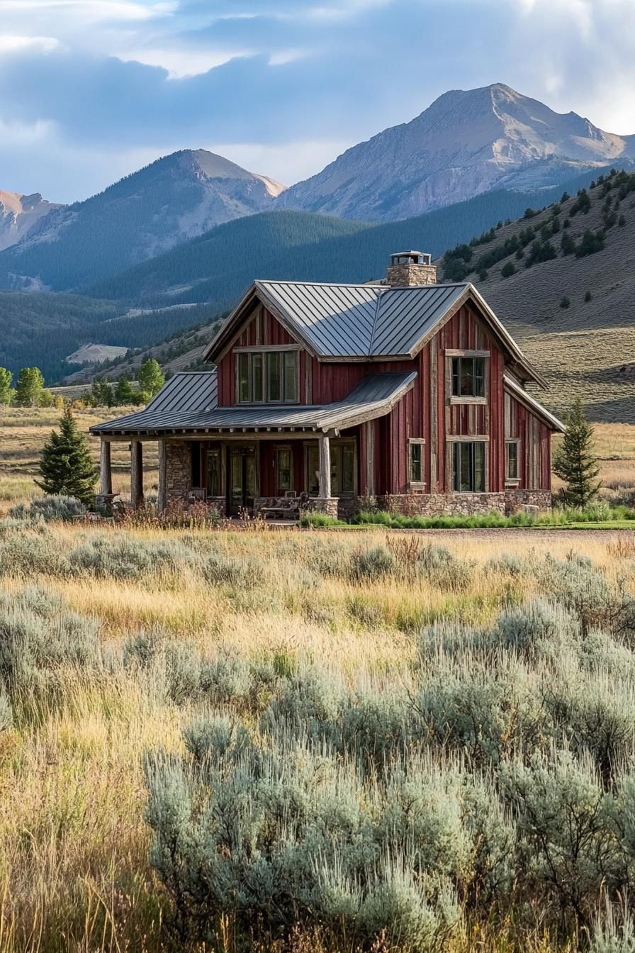 ranch house in rustic siding multi pitched roof landscape with grass and small pines Colorado mountains in the background