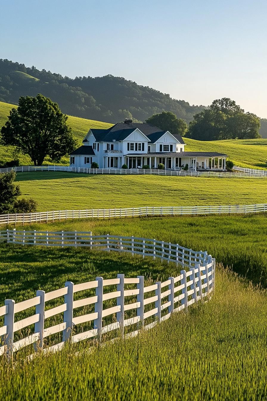 ranch mansion with green fields white ranch fences horses 2