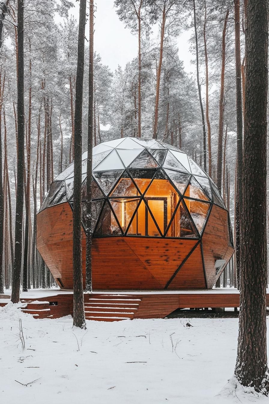 modern forest house geodesic facade with wood paneling winter forest 2