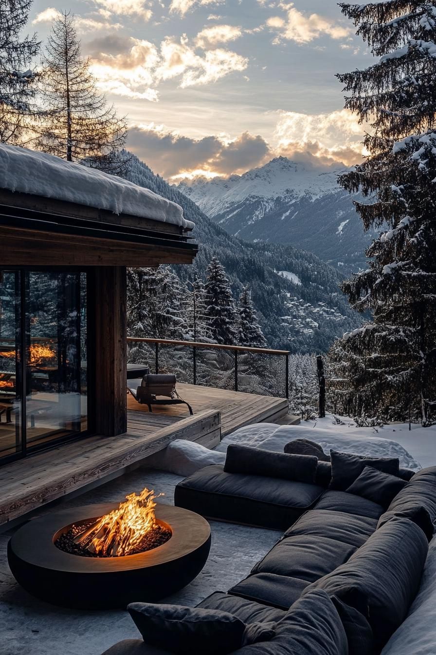 luxury alpine chalet villa with firepit lounge area outdoors stunning snowy mountain view