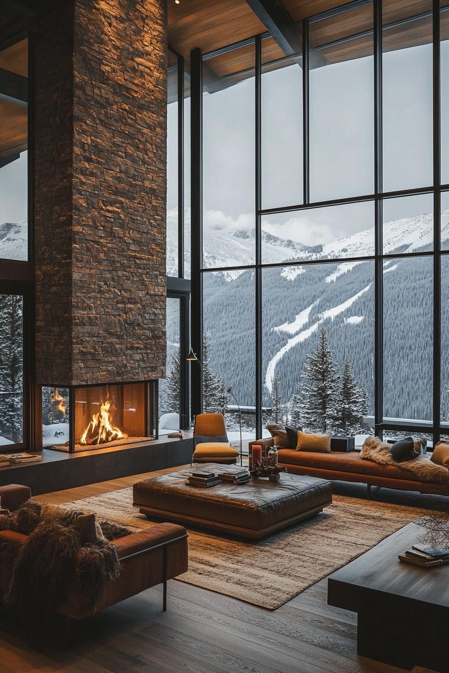 modern rustic mountain cabit floor to ceiling stone fireplace with large full wall windows with stunning snowy alpine mountain view 2