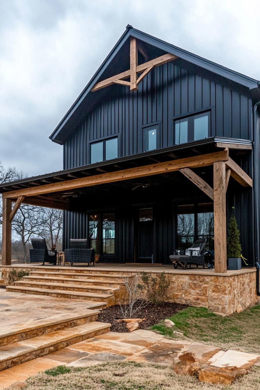 modern barndominium house black shiplap exterior with dark wood beams