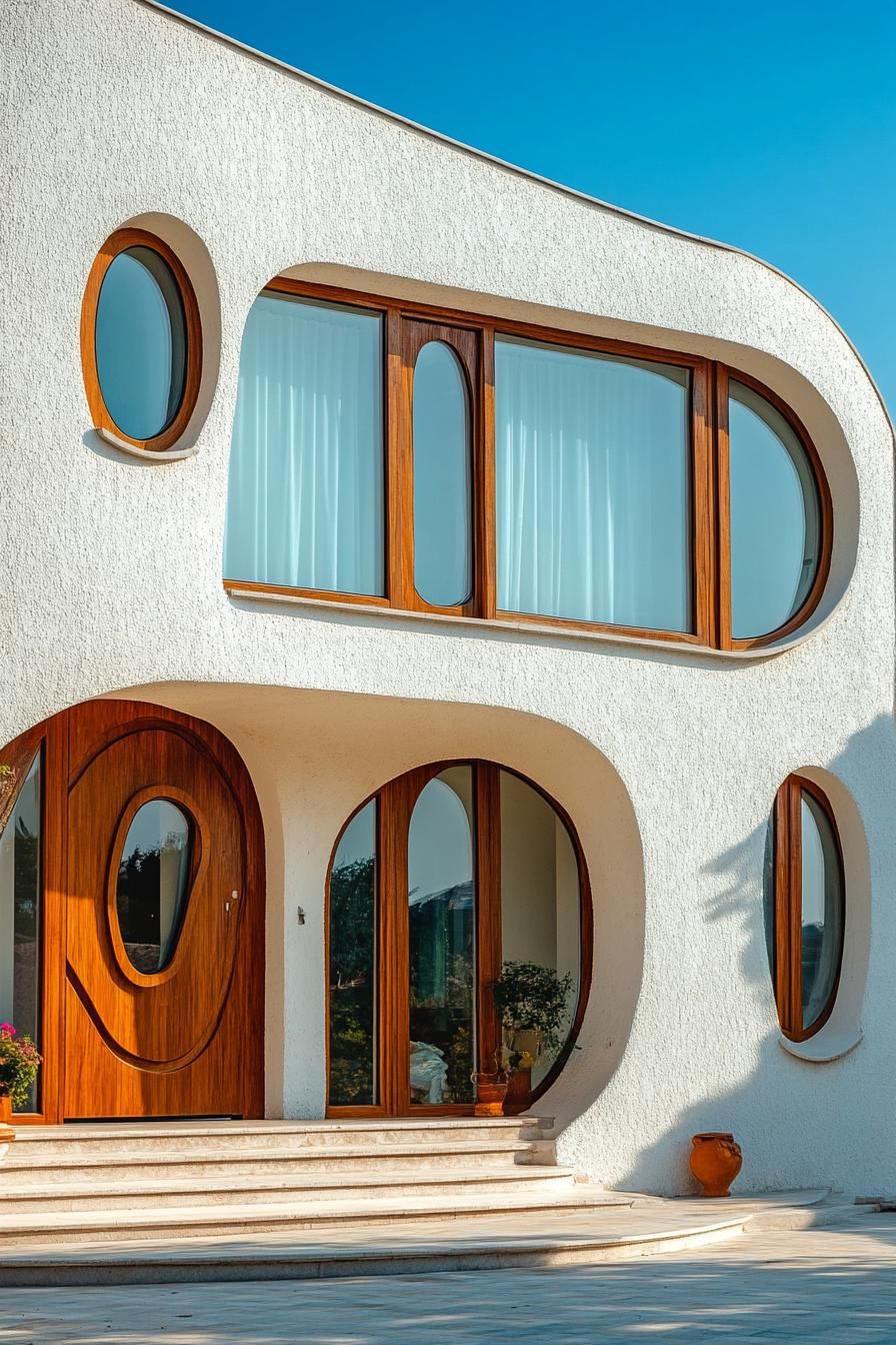 retro style modern house facade with rounded windows and doors