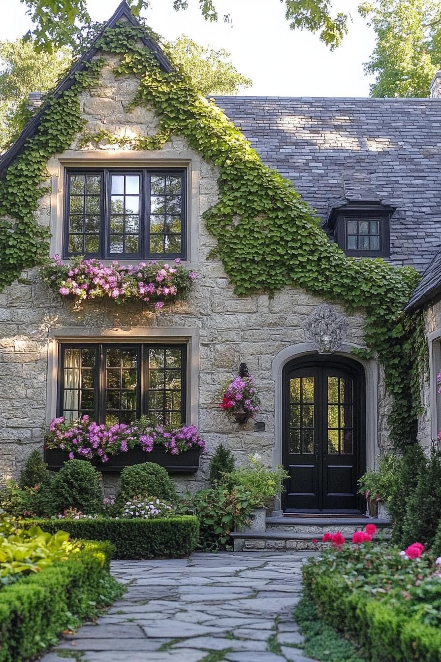 English cottage house pastel shade stone facade climber vines flower boxes under windows large black glass doors stone path along the facade with shrubs