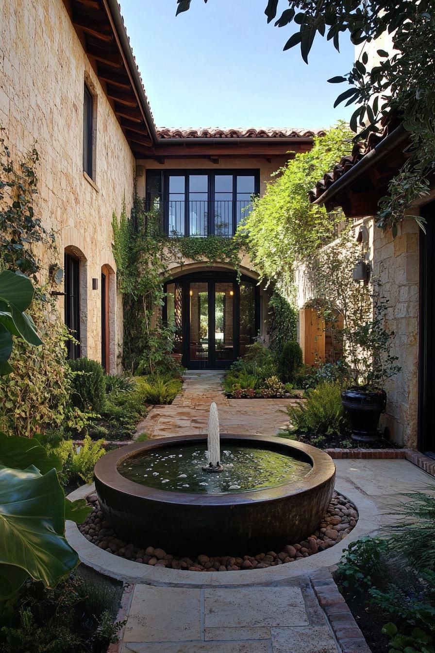 modern Tuscan mediterranean house modern inner courtyard garden with ventral fountain 2