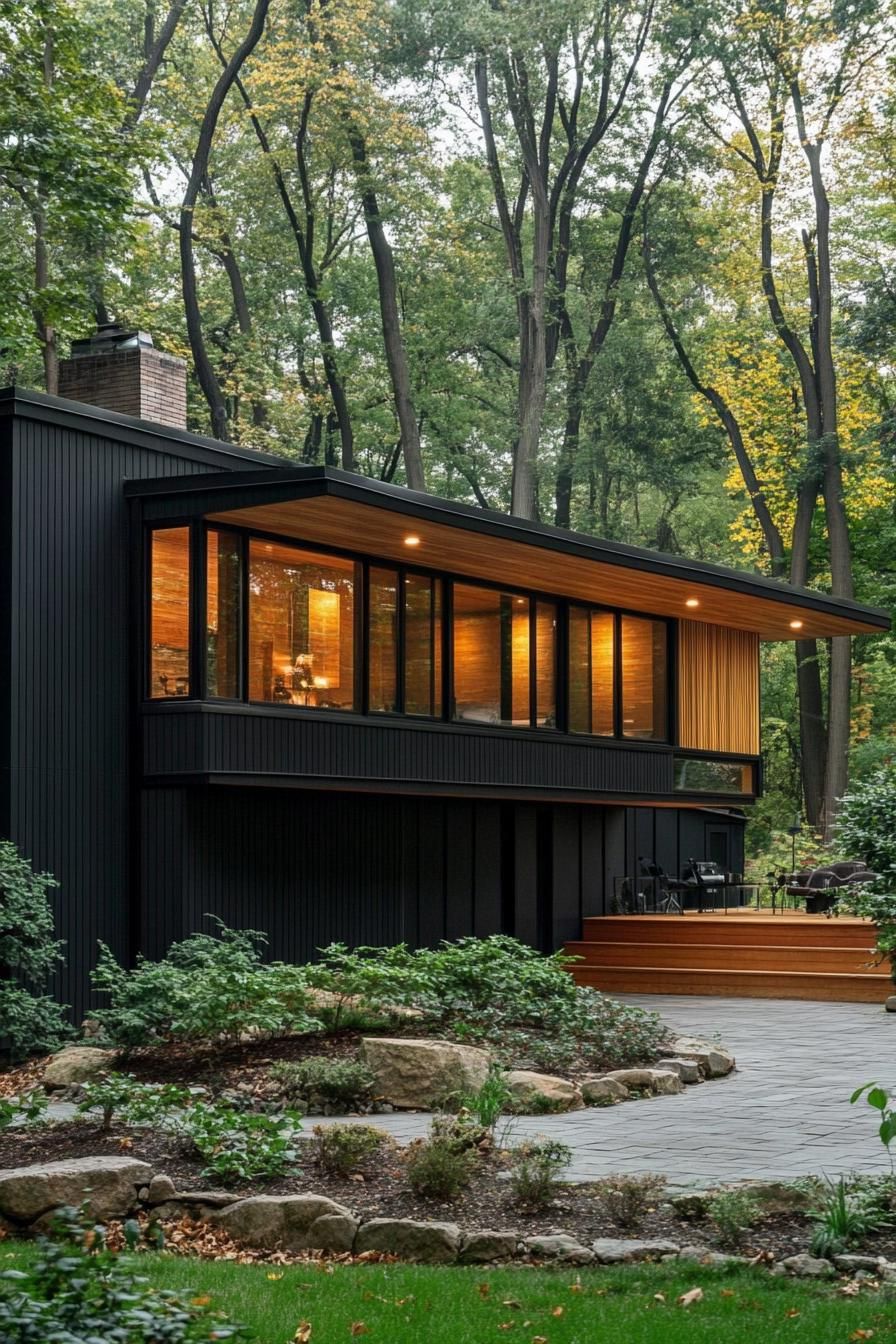 mid century modern black house two tone back and wood facade forest in far background