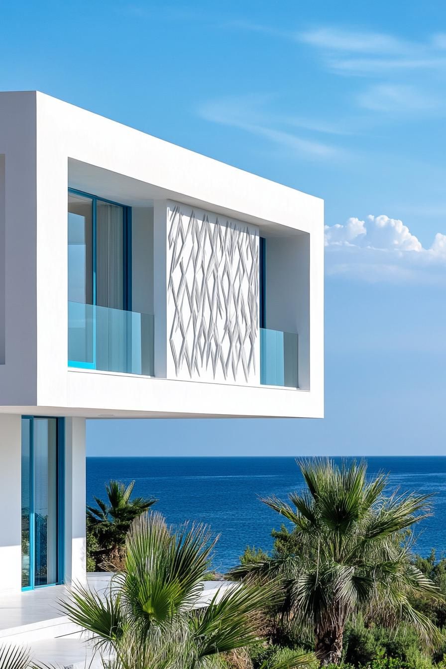 modern white geometric villa house facade with blue trim ocean views 2