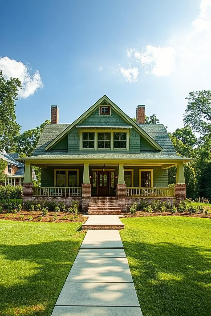 modern craftsman house in laurel green siding forest green roof multi pitch roof multi dormers white window trim extended porch with columns on 1