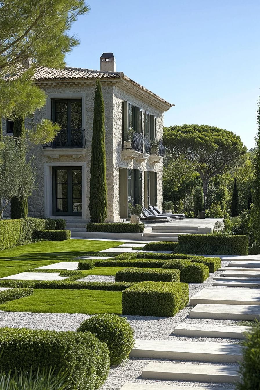 modern French country house limestone facade geometric garden paths French riviera garden