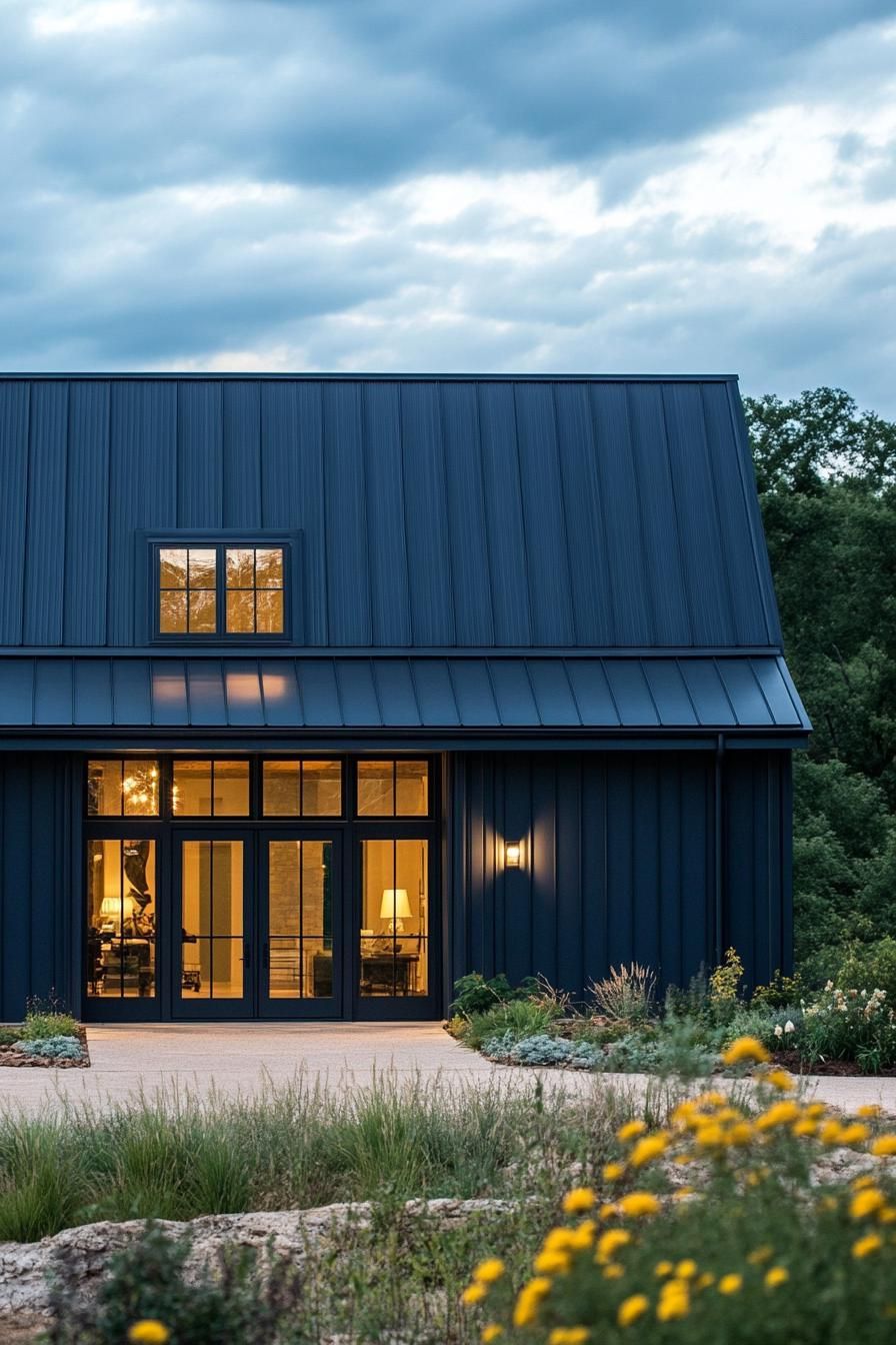 modern barndominium house midnight blue facade with black corrugated metal roof